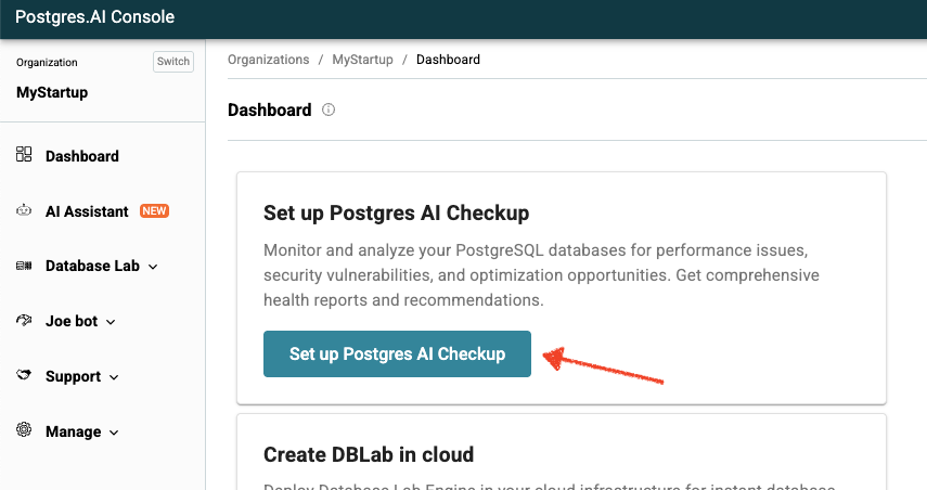 Console dashboard showing 'Set up Postgres AI Checkup' option