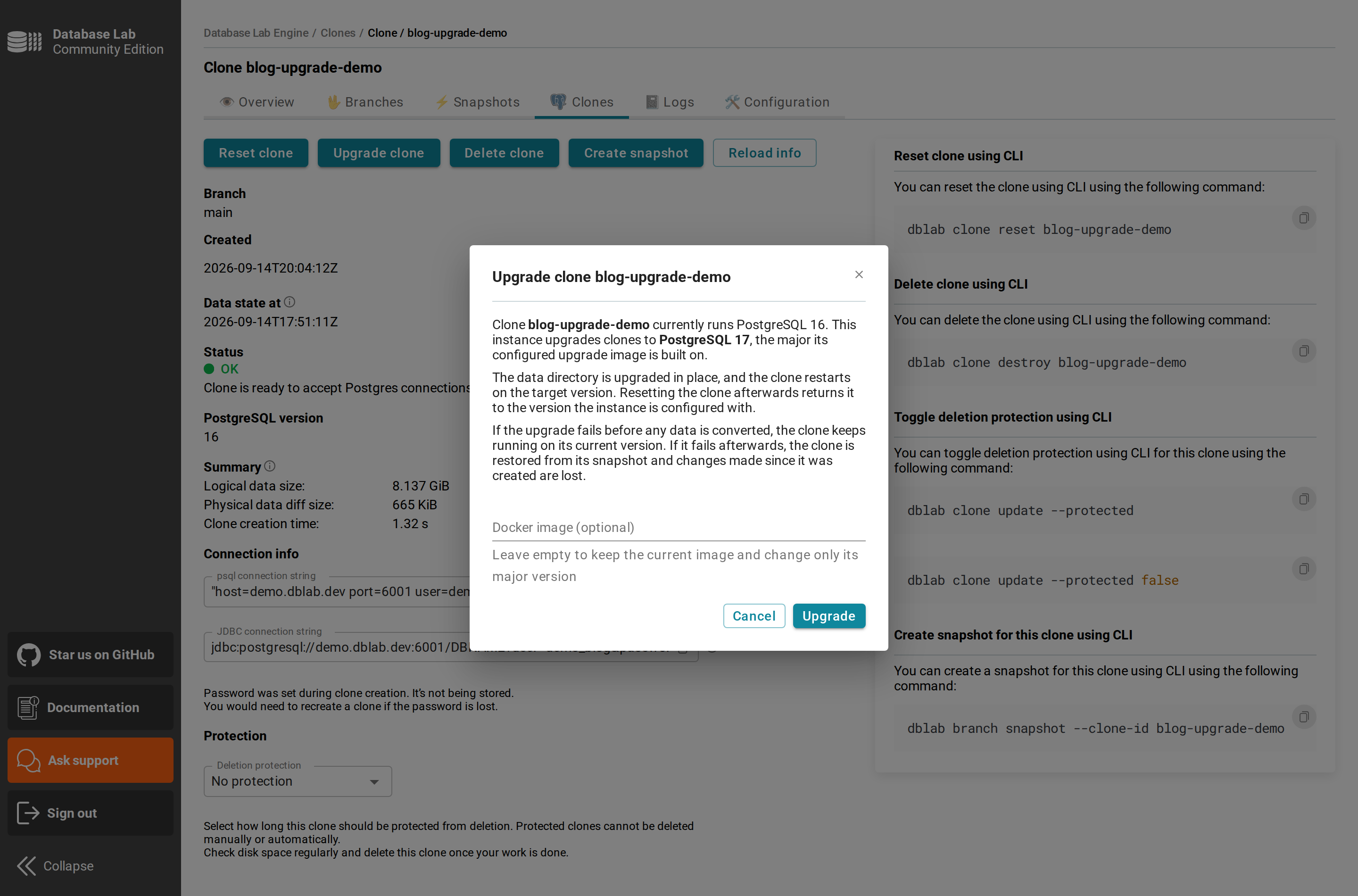 DBLab UI clone page with the Upgrade clone dialog open, showing PostgreSQL 16 upgrading to PostgreSQL 17