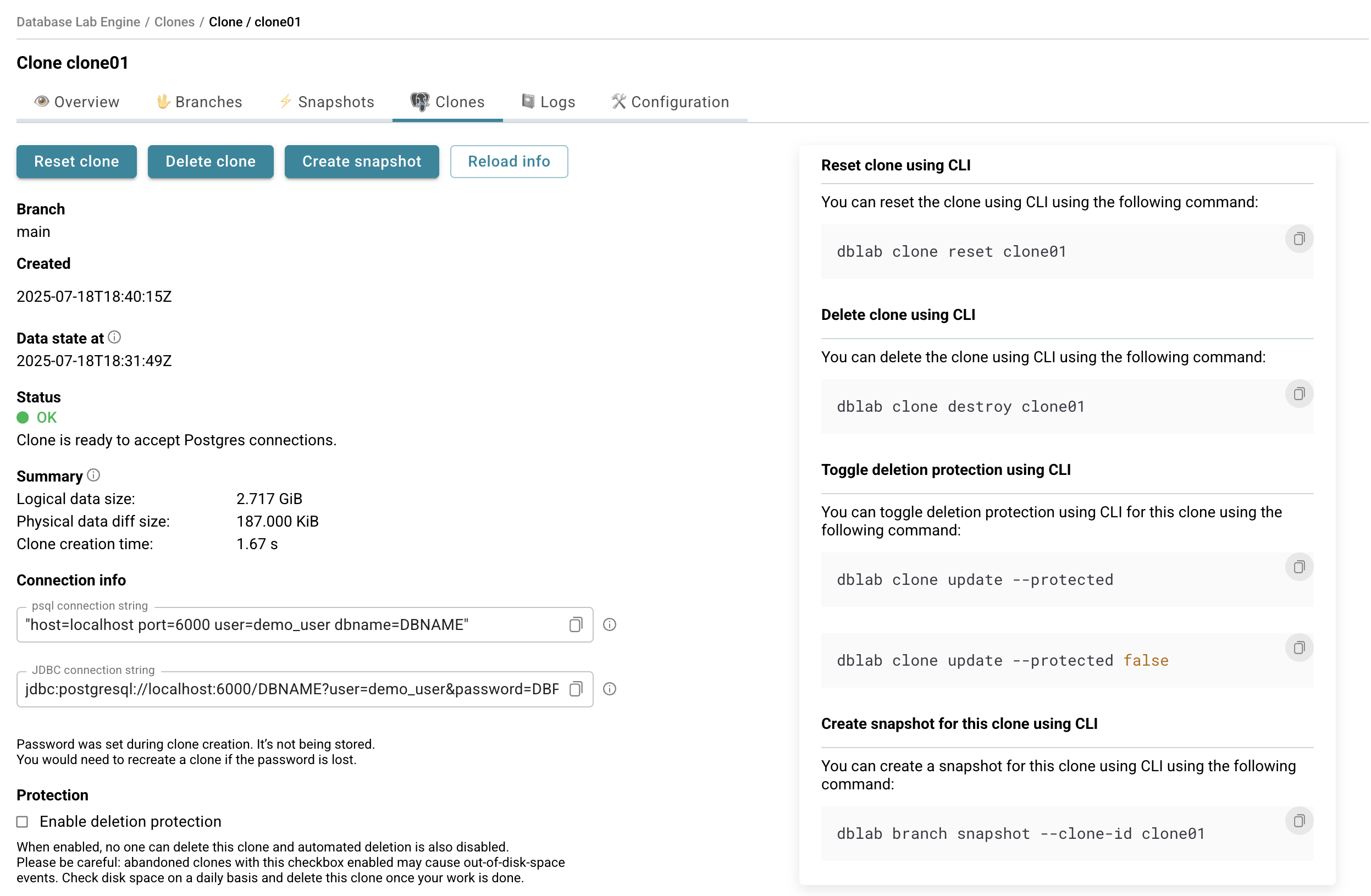 DBLab engine clone page