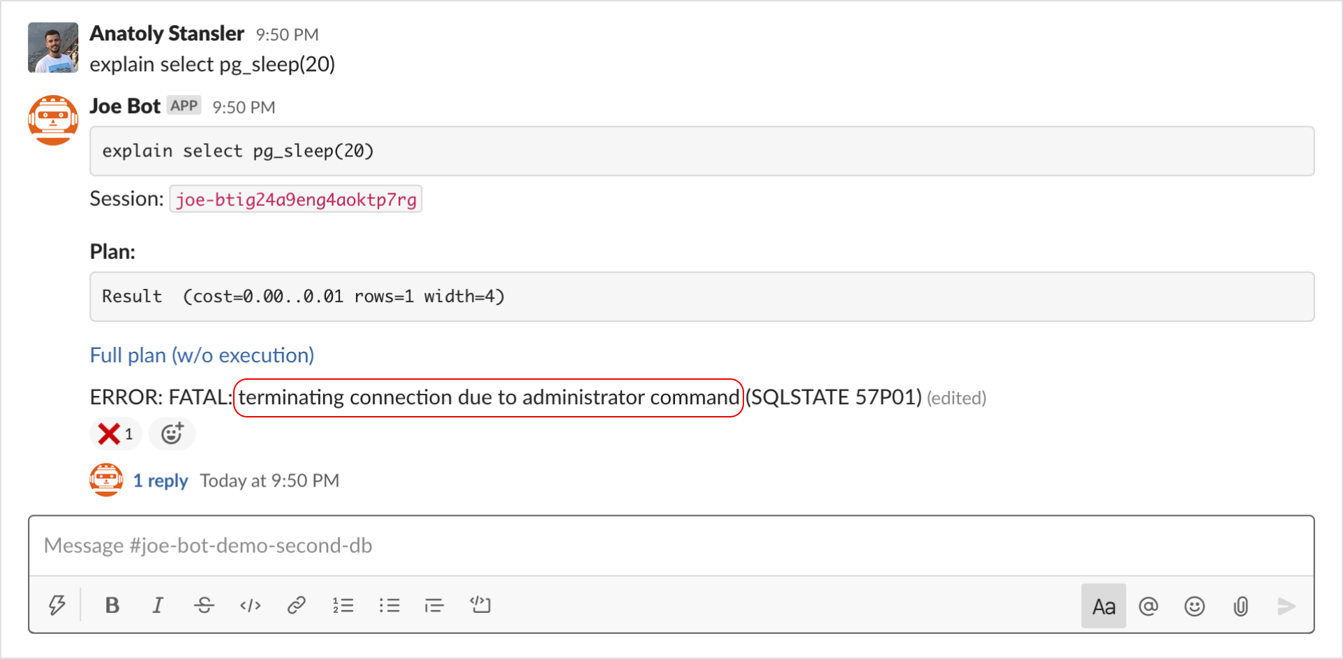 Query / Failed due to administrator command / Slack