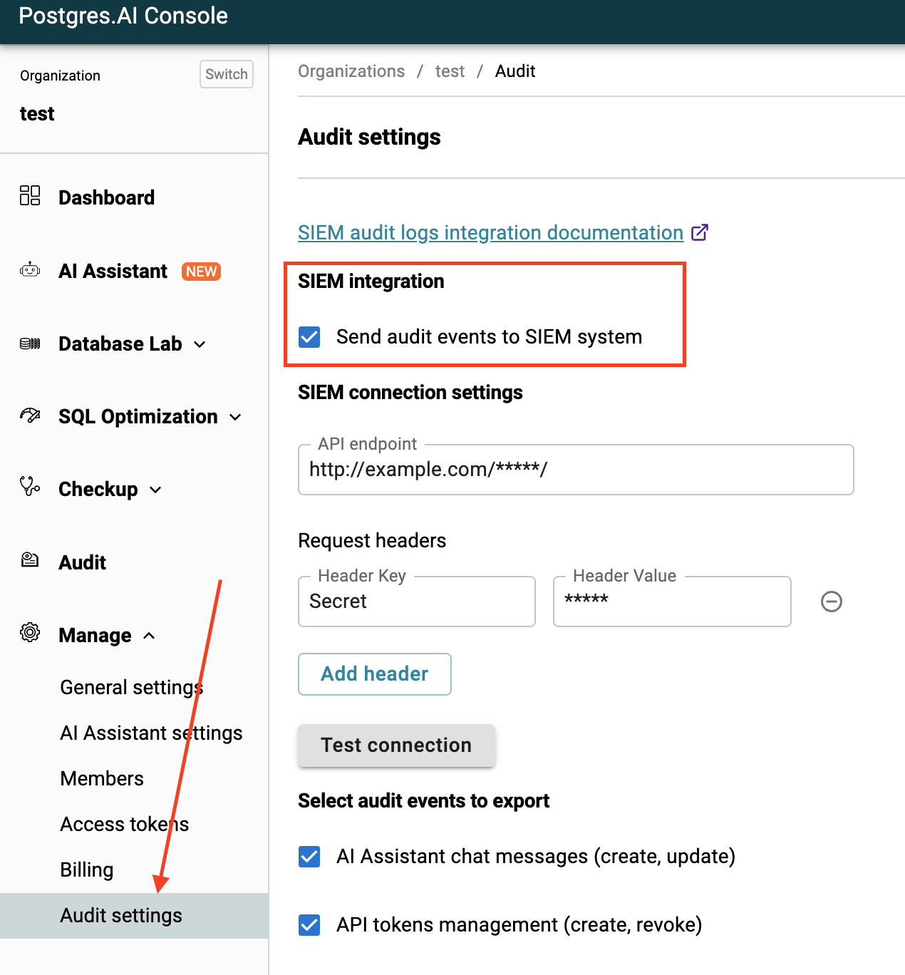 Audit logs page / Enable SIEM integration