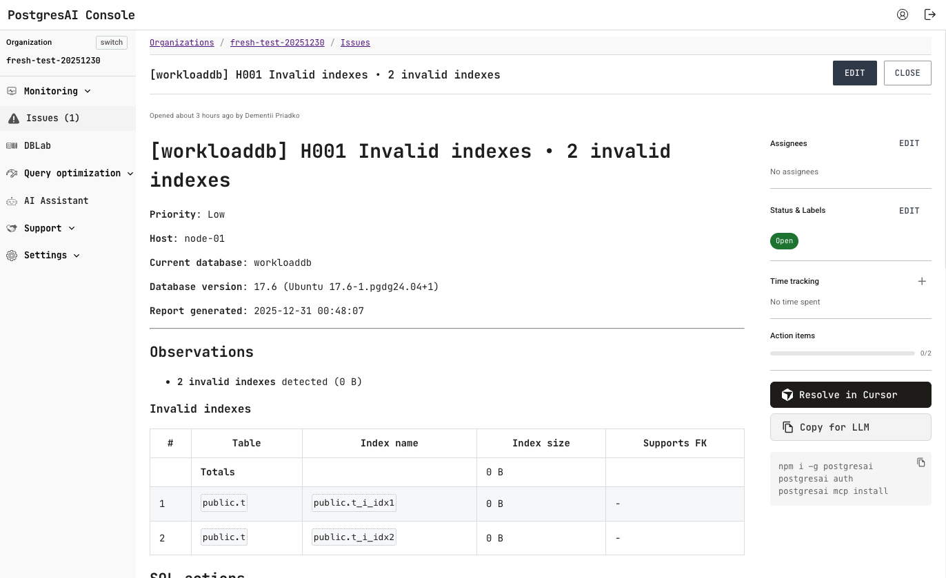 PostgresAI H001 Invalid Indexes Report