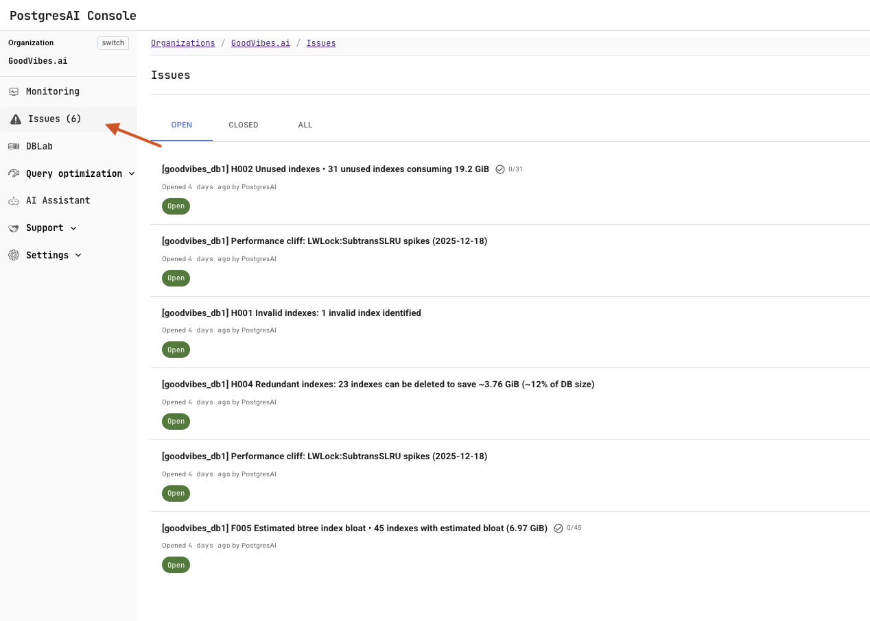 PostgresAI Console: Issues list with generated issue reports
