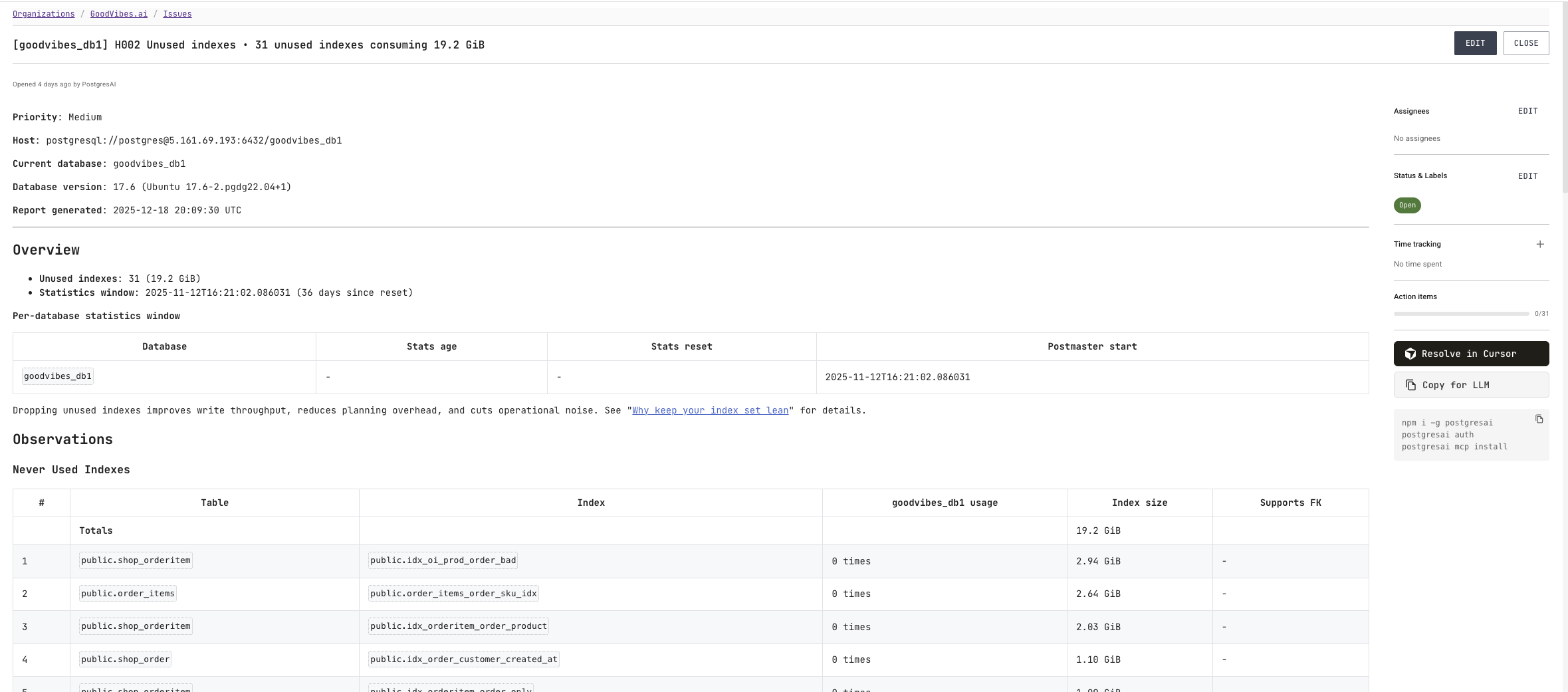 PostgresAI Console: Issue details page with assignees, status, and the Resolve in Cursor action