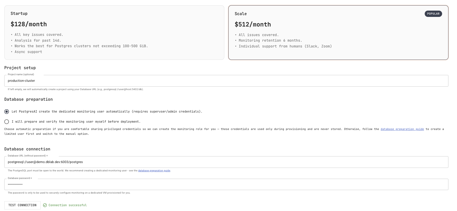 PostgresAI Console: Create PostgresAI monitoring managed instance page with billing, project setup, database preparation, and database connection sections