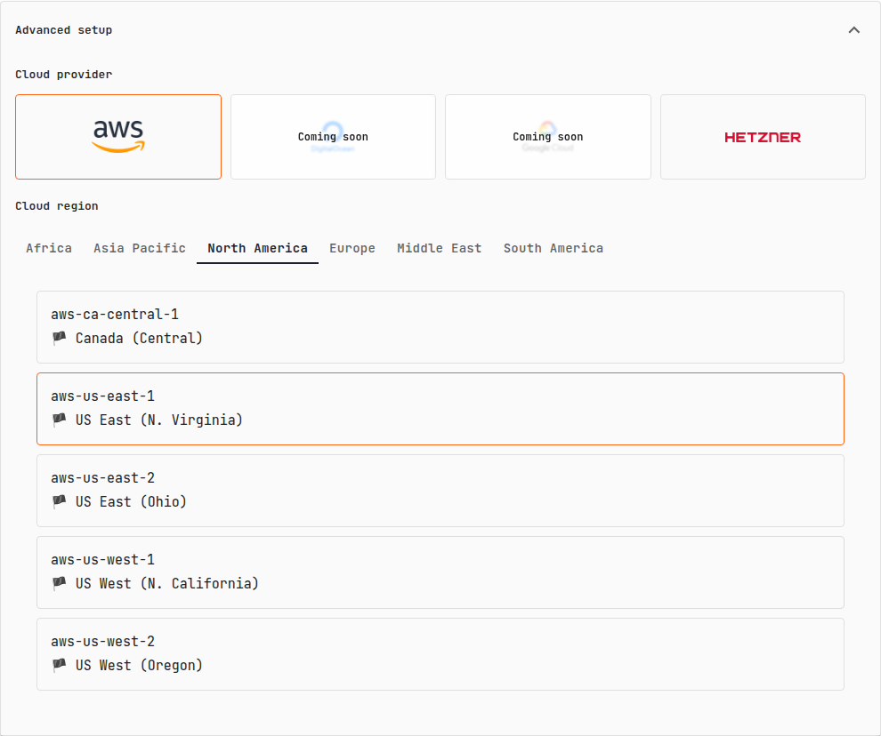 PostgresAI Console: Advanced setup section with cloud provider selection and cloud region selection
