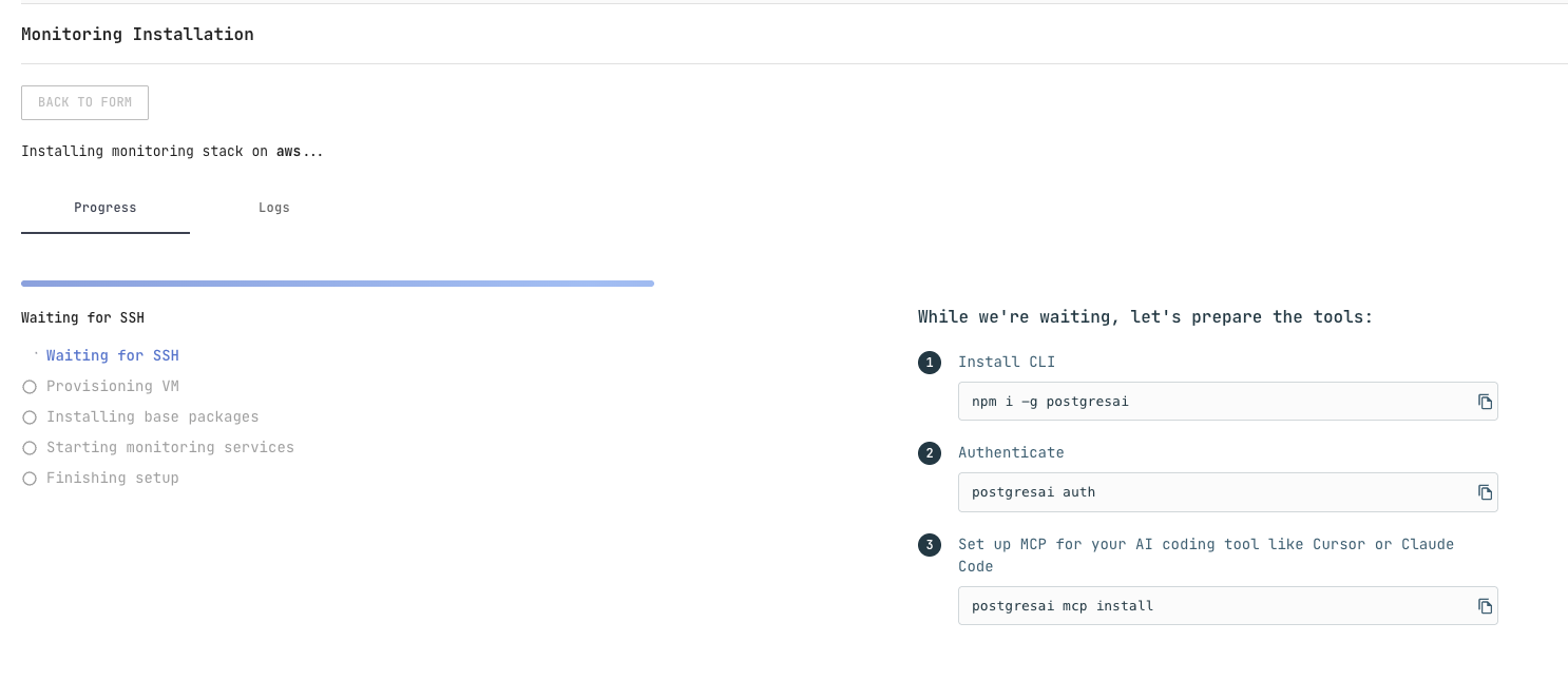 PostgresAI Console: Monitoring installation progress page