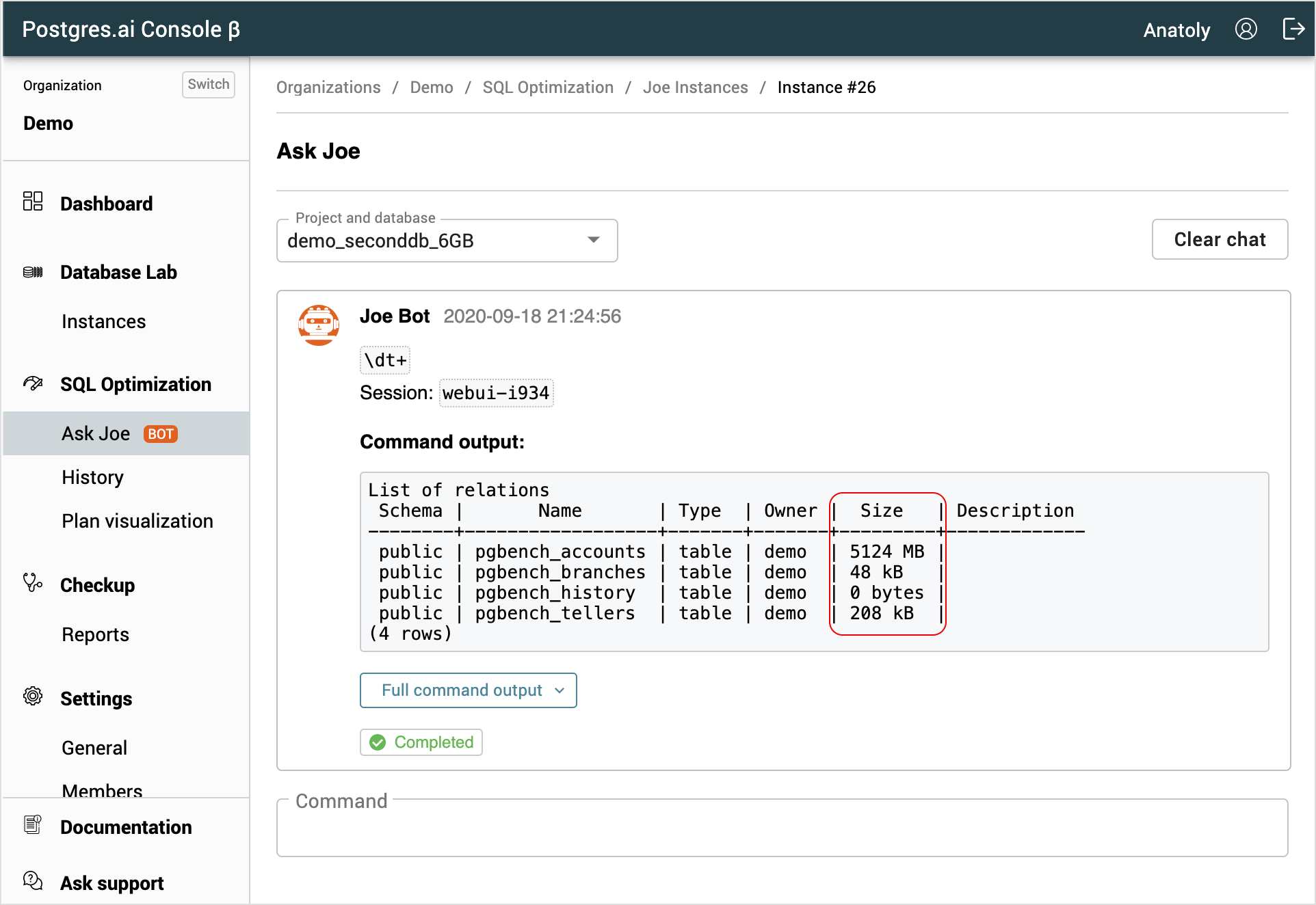 Get object size / Web UI