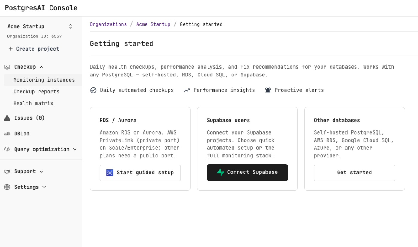 PostgresAI Console: Getting started page with the RDS / Aurora "Start guided setup" card
