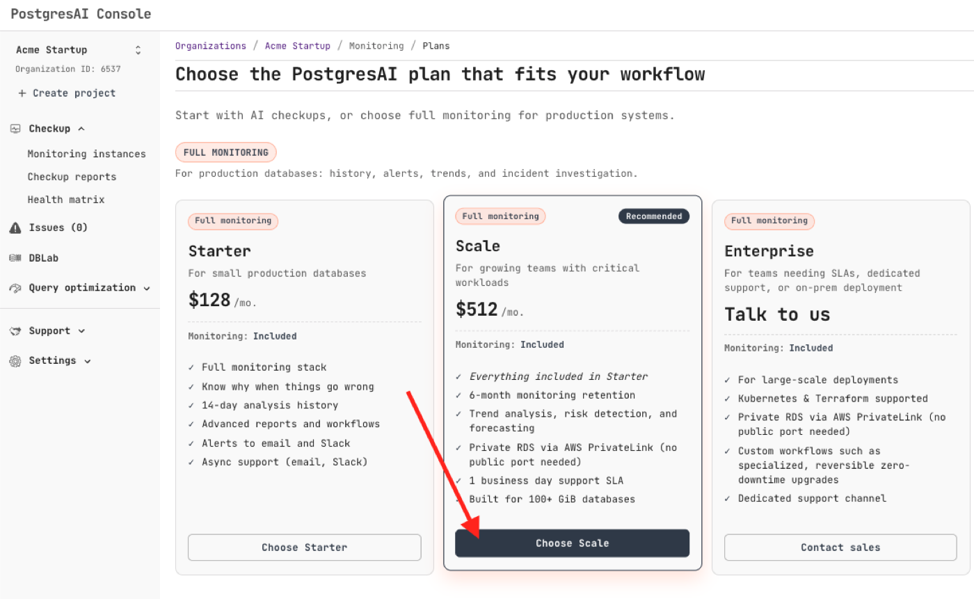 Choose the PostgresAI plan: Scale includes private RDS via AWS PrivateLink