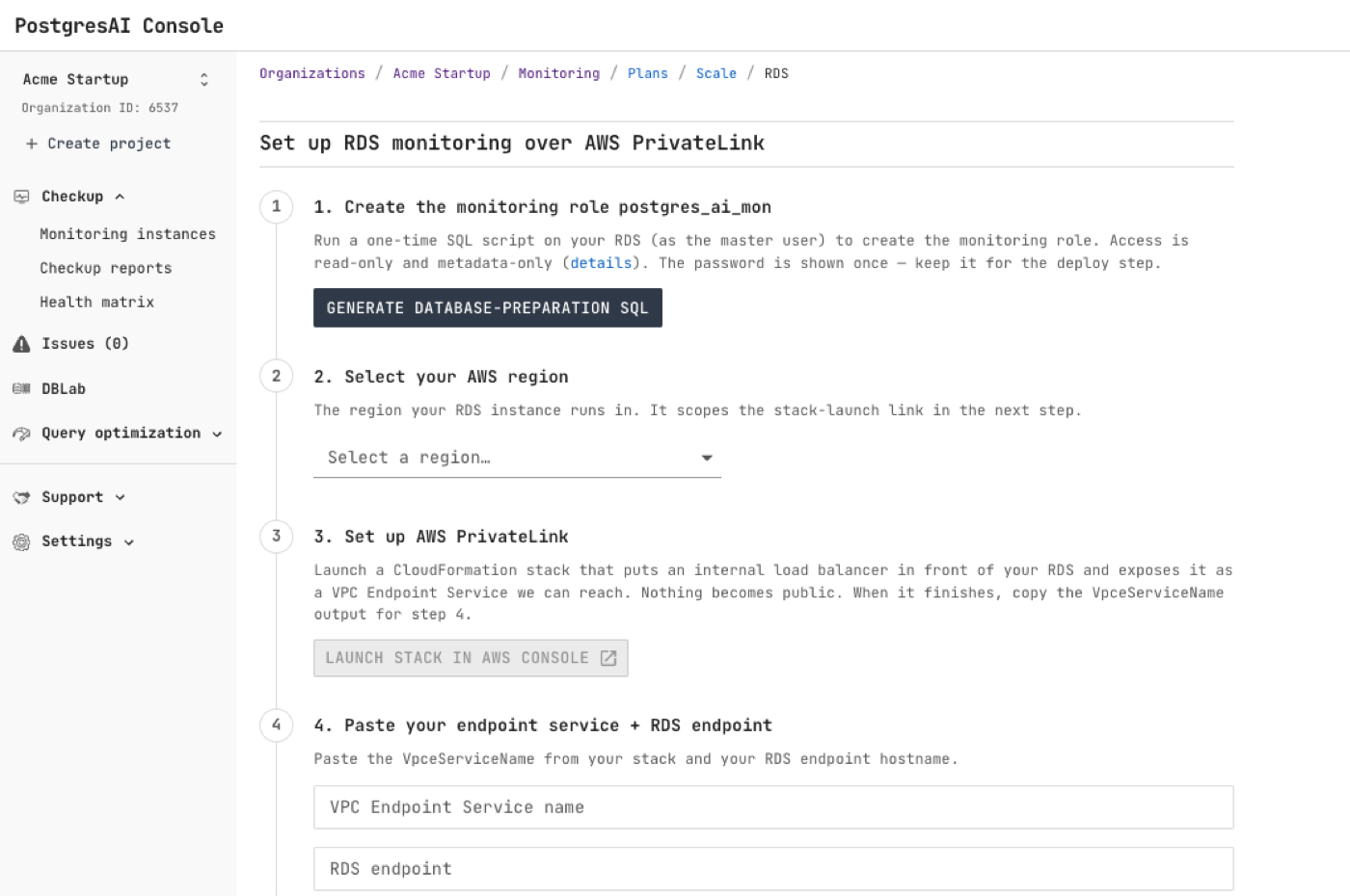 Set up RDS monitoring over AWS PrivateLink: the four-step in-console wizard
