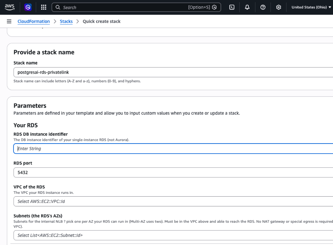 AWS CloudFormation Quick create stack: the Your RDS parameters (identifier, port, VPC, subnets)