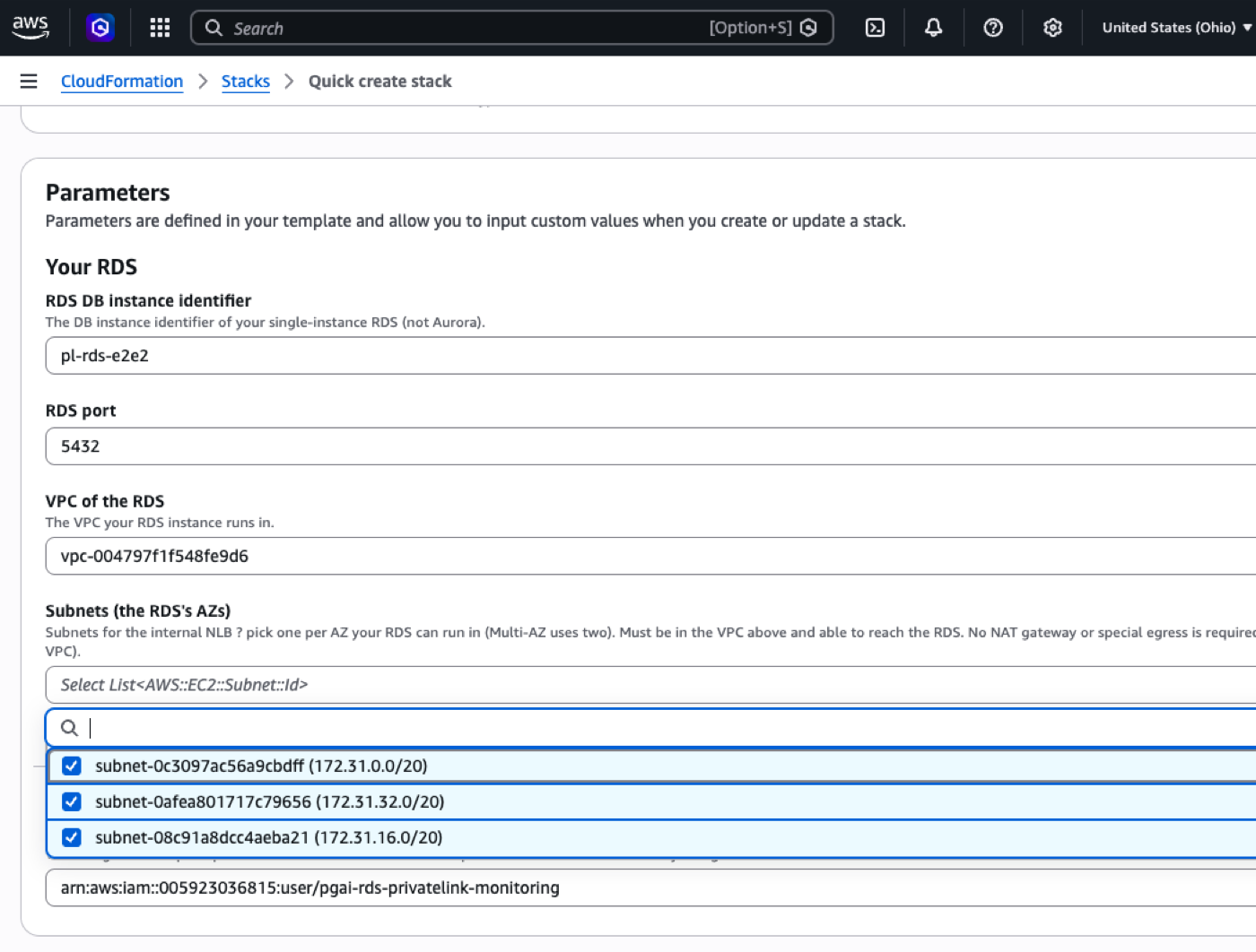 CloudFormation parameters filled in: DB identifier, VPC, and all AZ subnets selected