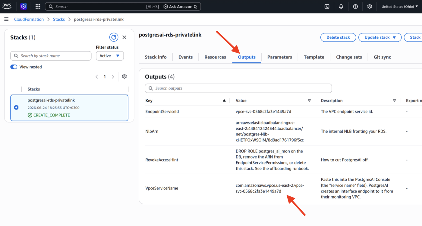 CloudFormation stack Outputs tab with the VpceServiceName value highlighted