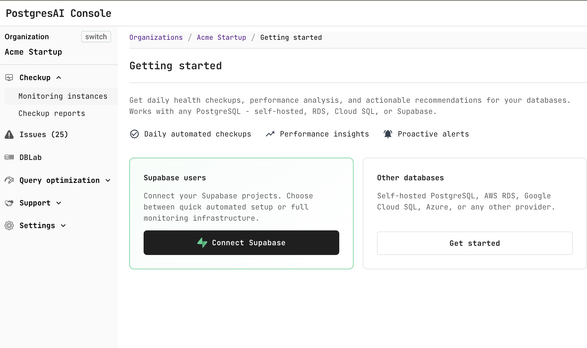 PostgresAI Console: Getting started page with the Connect Supabase button