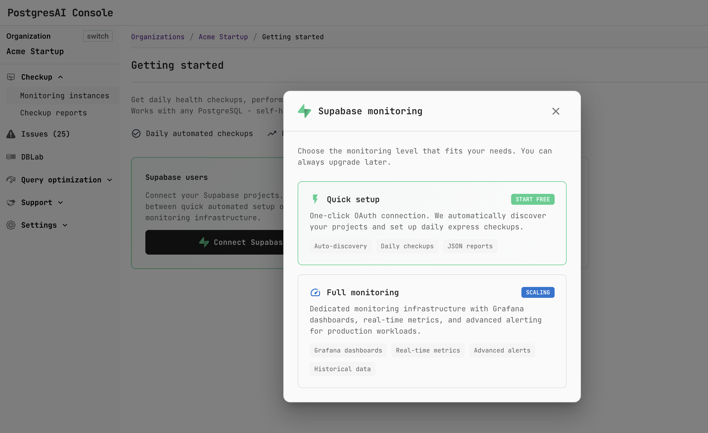 Supabase monitoring dialog: Quick setup and Full monitoring options