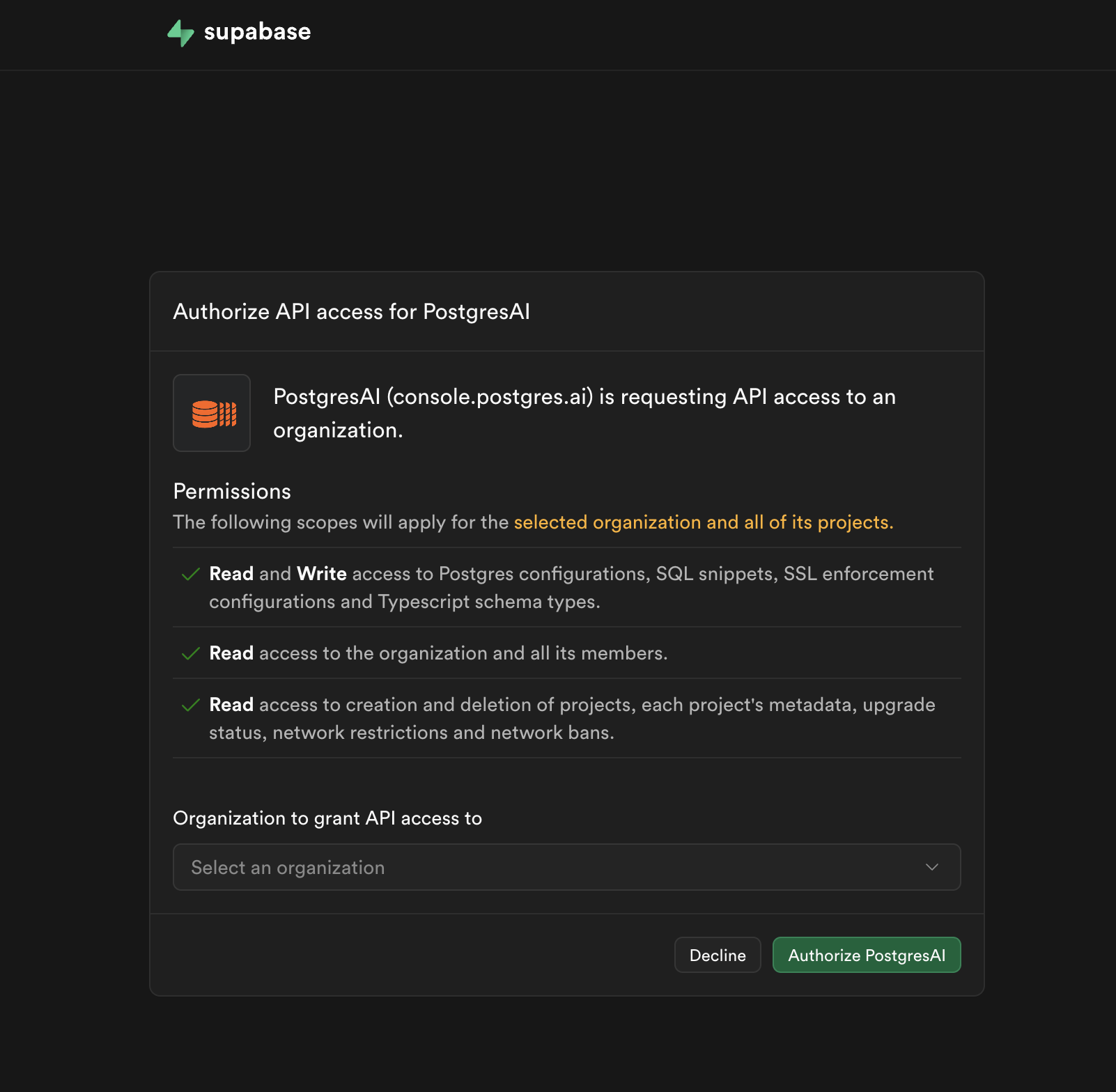 Supabase OAuth: Authorize API access for PostgresAI