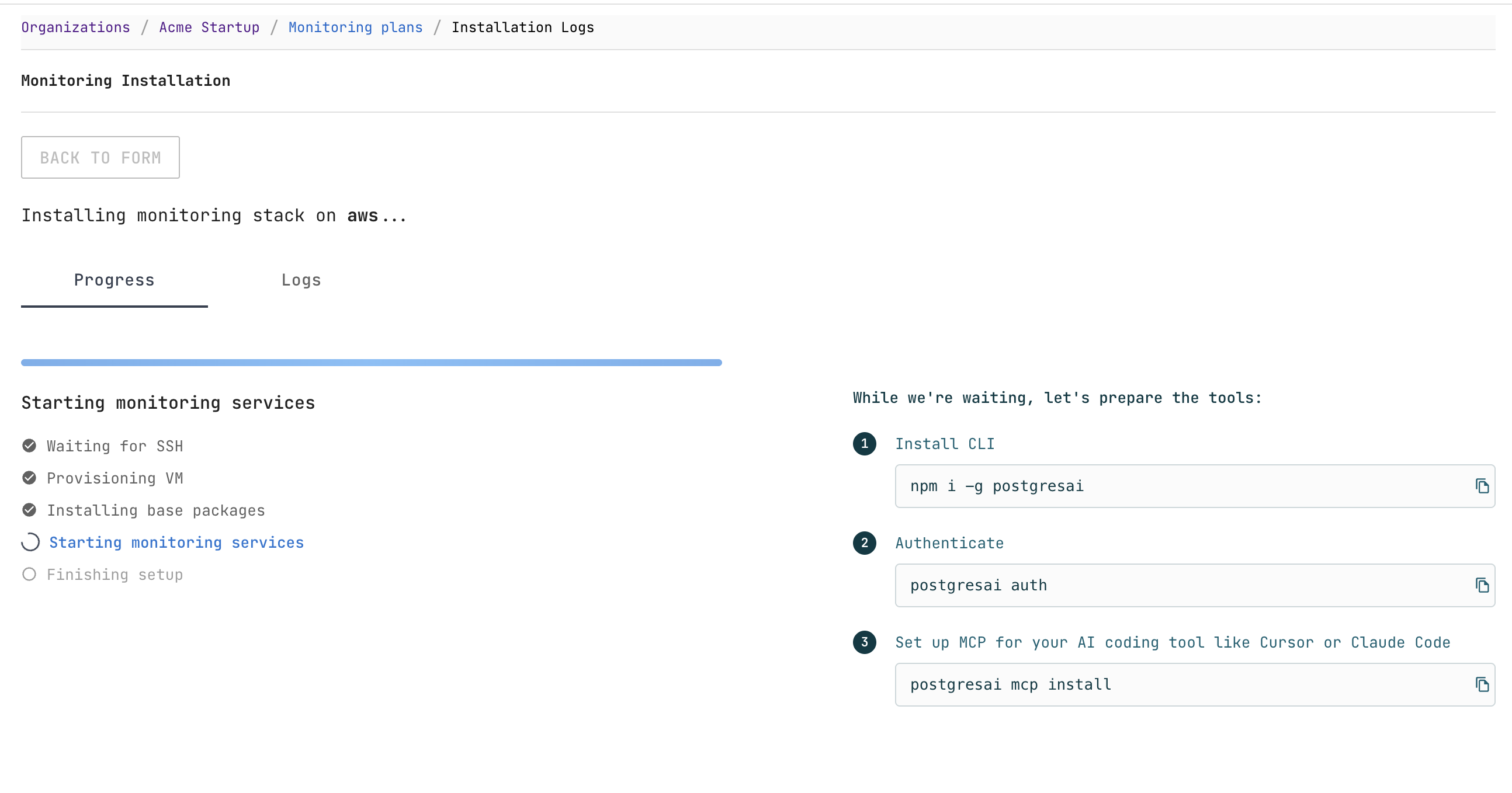 Monitoring installation progress page