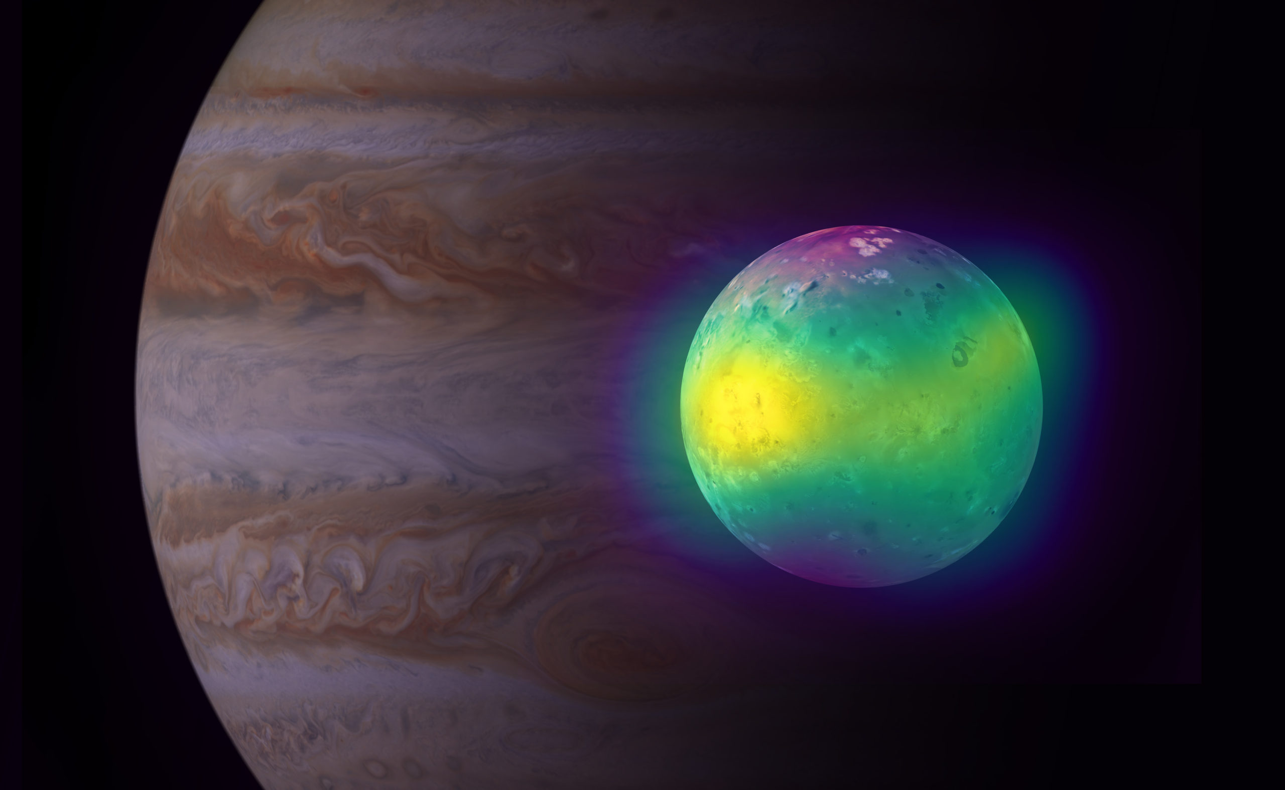 Jupiter's moon Io. Credit: ALMA (ESO/NAOJ/NRAO), I. de Pater et al.; NRAO/AUI NSF, S. Dagnello; NASA/JPL/Space Science Institute